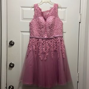 Pink lace formal dress decorated with pink pearls